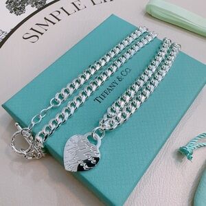 Tiffany & Co. Silver Heart Tag Link Necklace on Signature Blue Box